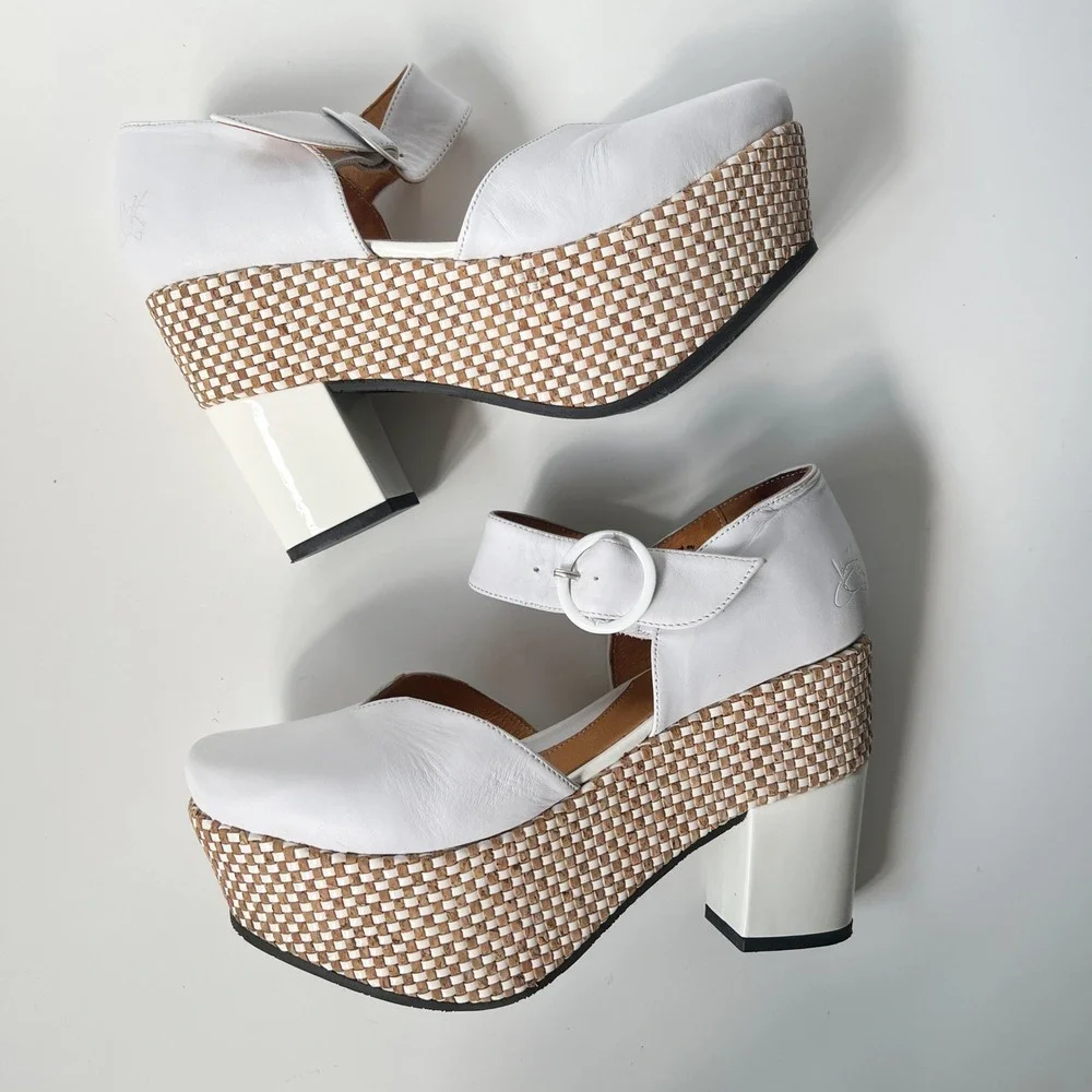 John Fluevog Ana Rita Platform Mary Jane 9 White Leather Woven Cork Block Heel